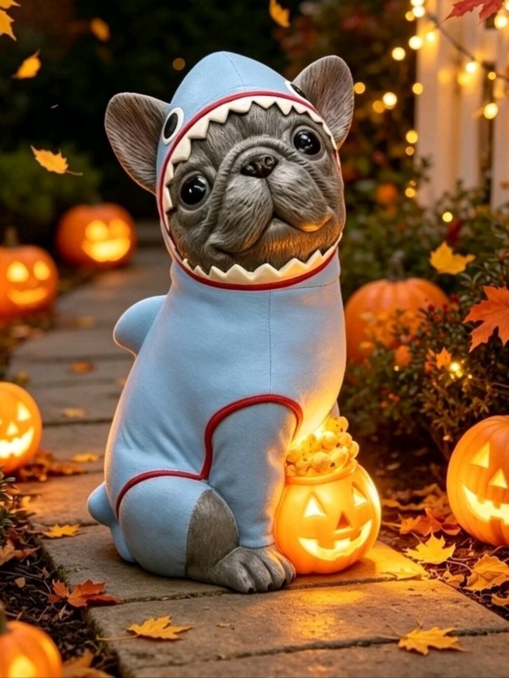 New French Bulldog Garden Statue with Light Up Pumpkin, Outdoor Frenchie Bulldog